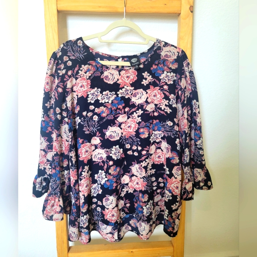 Bobeau Bell Sleeve Floral Navy Blouse